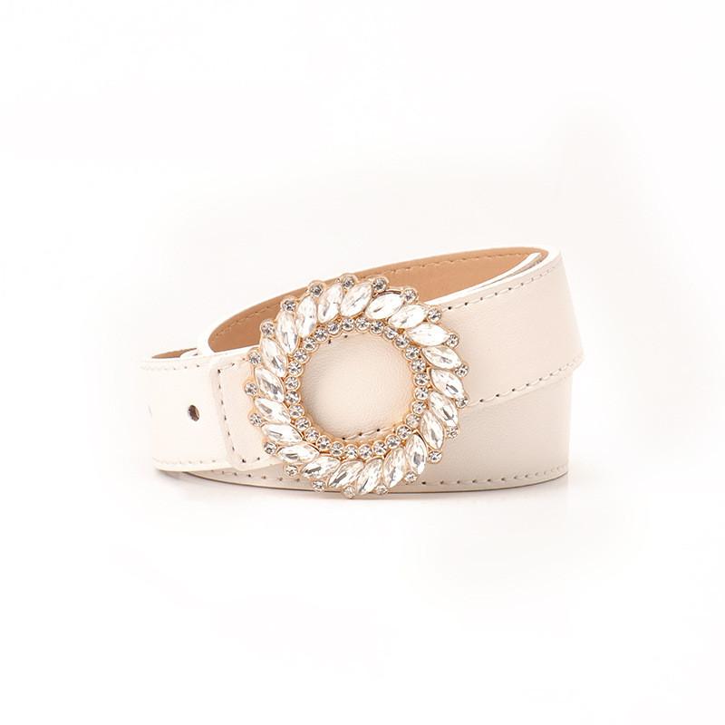 Womens Fashion Pu Leather Belt With Waterdiamond Round Buckle For Elegant Casual Wear