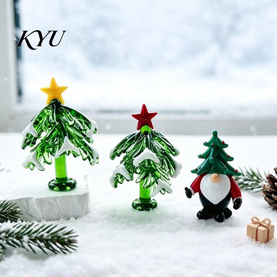 Modern Glass Xmas Sculpture Christmas Tree Figurine, Handmade Santa Deer Desk Decor, Miniature Tabletop Holiday Decoration Ornament for Car