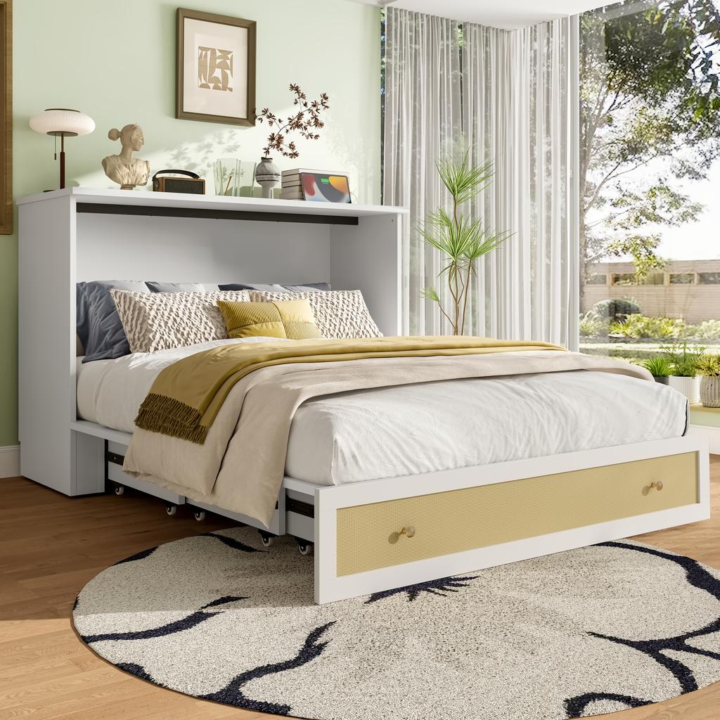 Cabinet Bed, 140 x 200, with Drawers at the Foot and Shelf at the Head of the Bed, with USB and Socket, Convertible Platform, Without Mattress, White