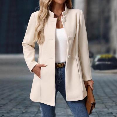 Beige Stand Collar Single Breasted Mid-Length Trench Coat with Front Button Detail