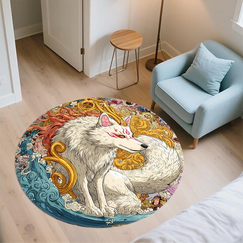 Nine-Tailed Fox pattern round rug,Carpet Rug for Living Room Bedroom Playroom ,Non-slip Floor Mat,Holiday Gifts and Birthday Gifts.