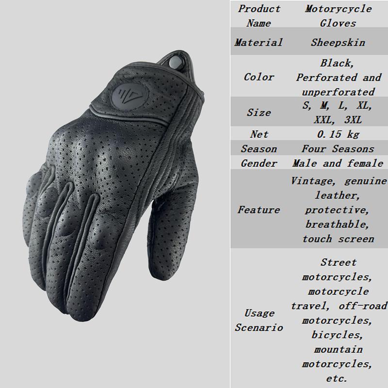 Retro Motorcycle Gloves Perforated Glove Breathable Genuine Leather Black All Seasons Moto Racing Cycling Motocross Bike Knight