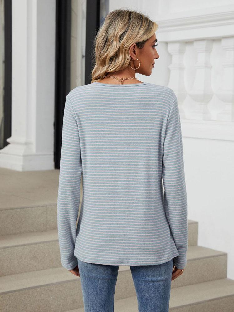 Elegant and Fashionable Autumn and Winter Comfortable Round Neck Striped Color Blocking Long Sleeve Loose T-Shirt Top Pullover Hoodies