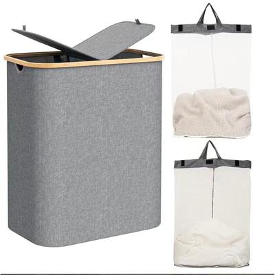 Cesto de Ropa Plegable Delgado con Tapa Asas de Bambú Bolsa Interior Extraíble Cesta para Ropa Contenedor Plegable de Pie