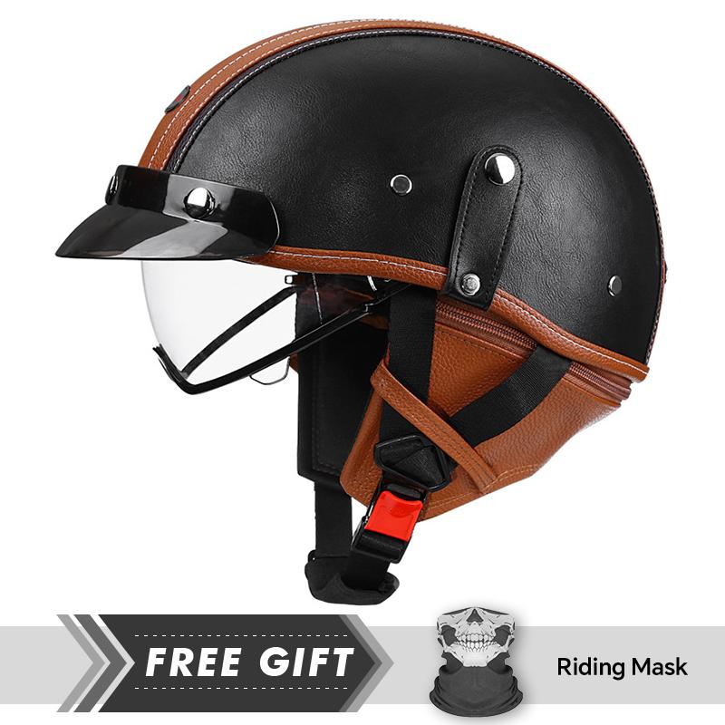 DOT Approved Retro Half Face Motorcycle Helmets Leather Vintage 1/2 Half Helmets Built in Lens Low Profile Open Face Helmets M