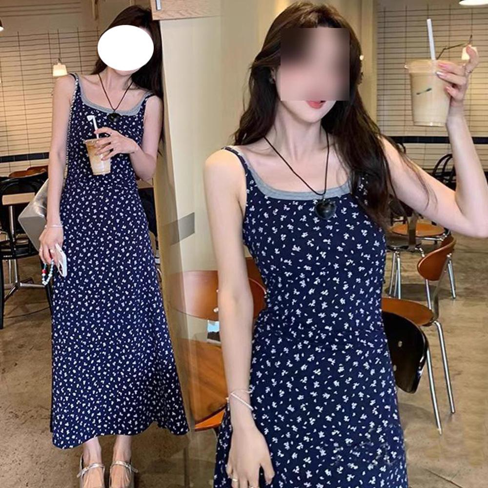 Beautiful Little Man Fake Two Floral Slip Dresses for Women's Summer Temperament Waist Long Skirt
