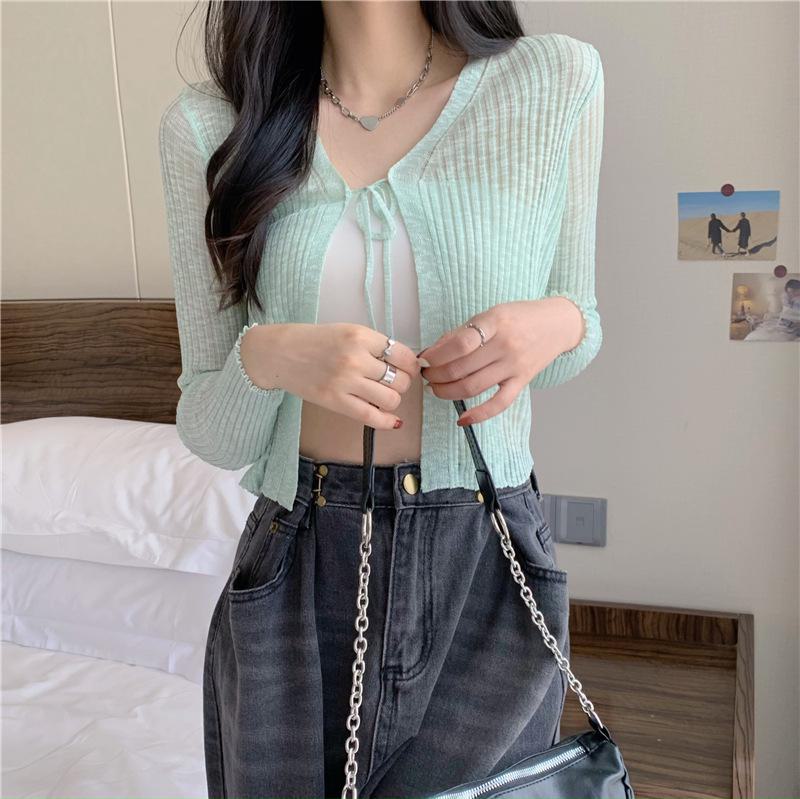 Women's Sun Protection Lace-Up Knit Cardigan - Lightweight Summer Ice Silk Top with Unique Design