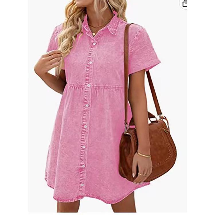 European-American Washed Denim Ruffle Dress with Turn-Down Collar
