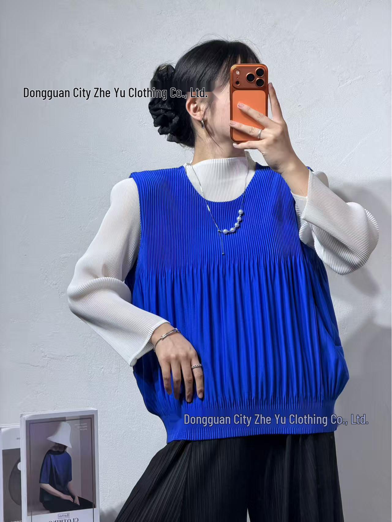 Miyake Bestseller Loose Pleated Vest - Versatile Solid Color Fashion One Size синий