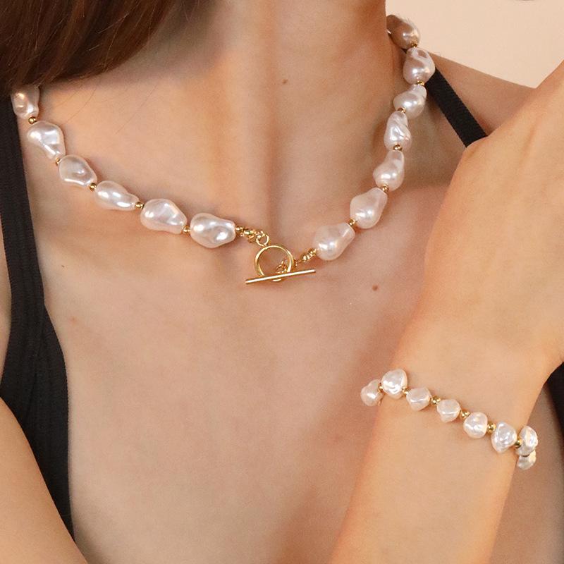 Baroque Irregular Pearl Necklace & Bracelet Set - Vintage French Light Luxury OT Buckle Jewelry for Women