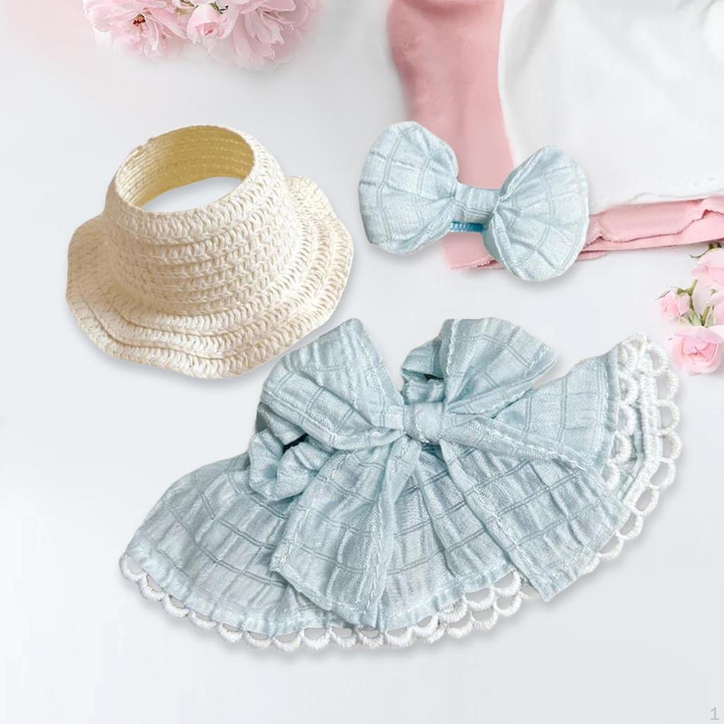 3 Pieces Dolls Dress with Hat Bow Hairpin Outfits Handmade Clothing for 15-17cm