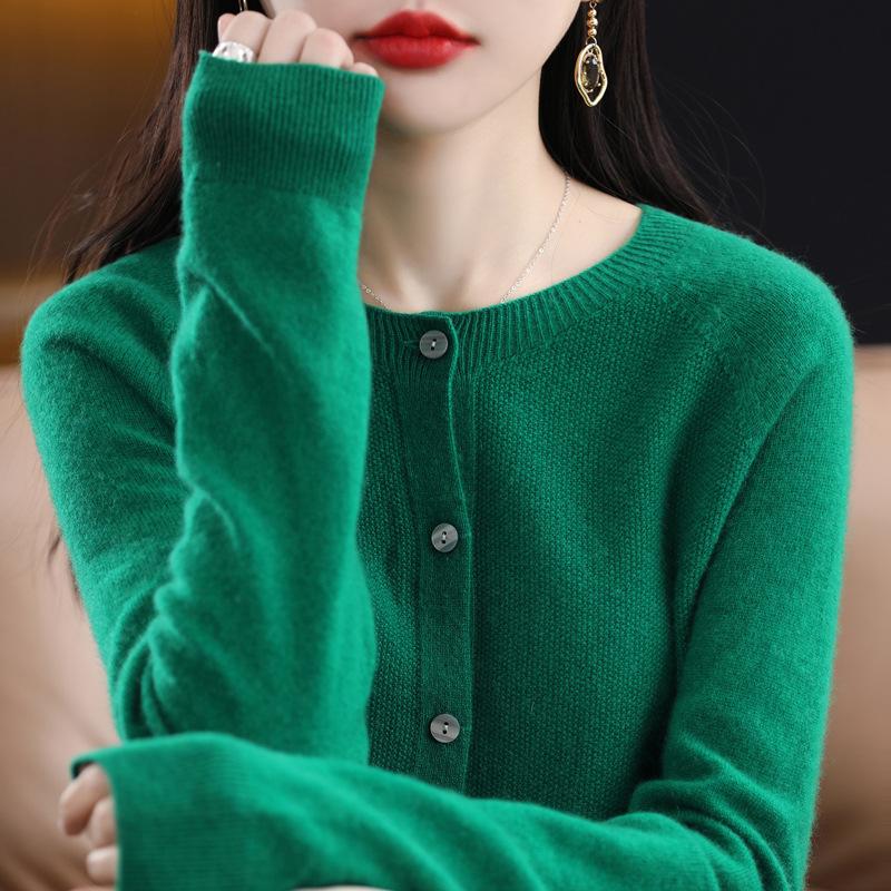 Cardigan Women Round Neck Spring and Autumn Long-sleeved Tunic Tops Pure Wool Knitted Jacket Plus Size
