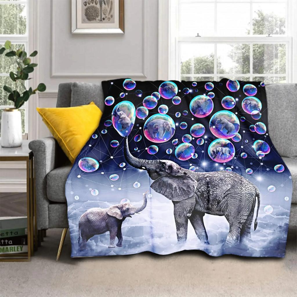 Cute Elephant Print Throw Blanket African Animals Warm Cozy Flannel Home Decor Colorful Dreamy Bubbles Pattern