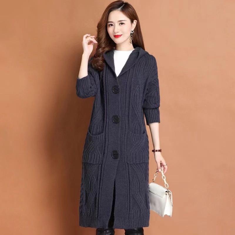 

Женский осенне-зимний трикотажный свитер средней длины свободного кроя с капюшоном, повседневное пальто оверсайз 6XL темно-серого