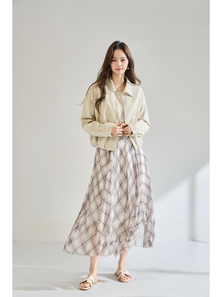 Plaid Asymmetrical Draped Chiffon Midi Skirt with Irregular Hem