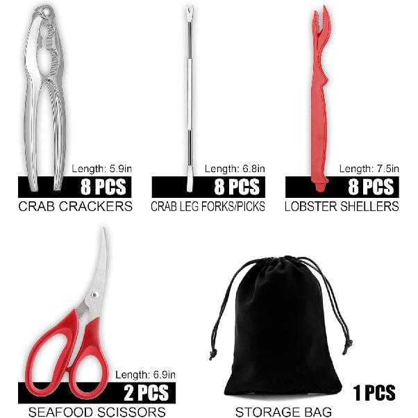 Crab Crackers and Tools, 27-piece Seafood Tools Set, Includes 8 Crab Leg Crackers, 8 Lobster Shellers, 8 Crab Leg Forks/Picks, 2 Seafood Scissors &