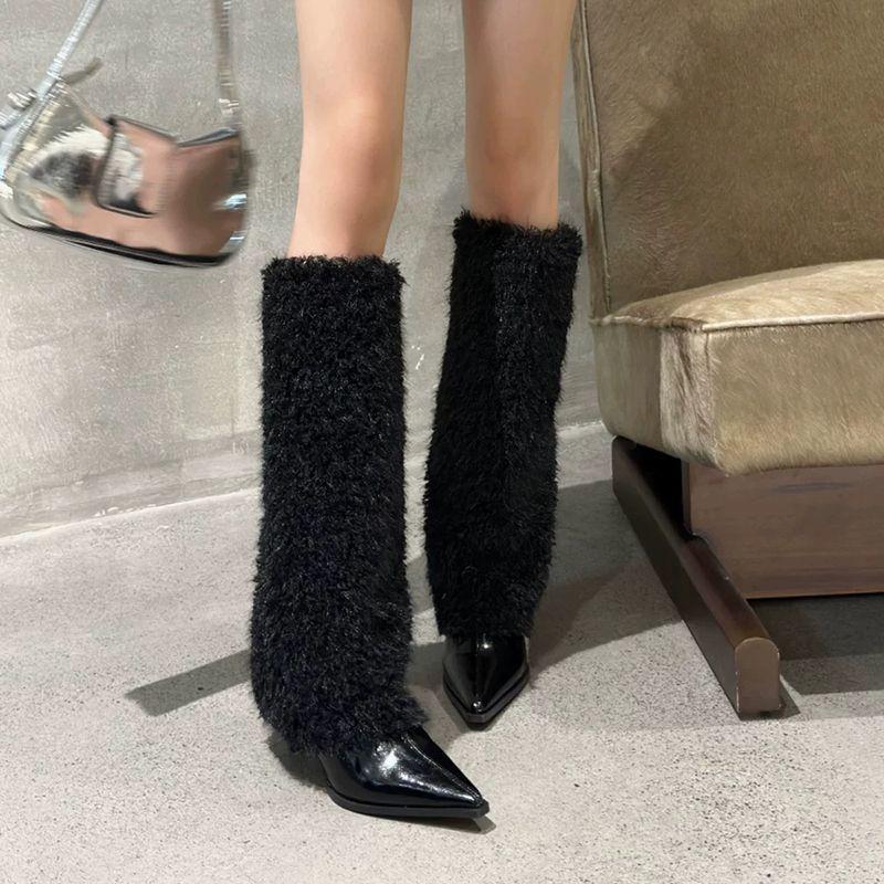 Long Boots Good-looking White High-heeled Boots Fluffy Winter Feeling Spice Girl European and American Pointed Knees But New Senior Children
