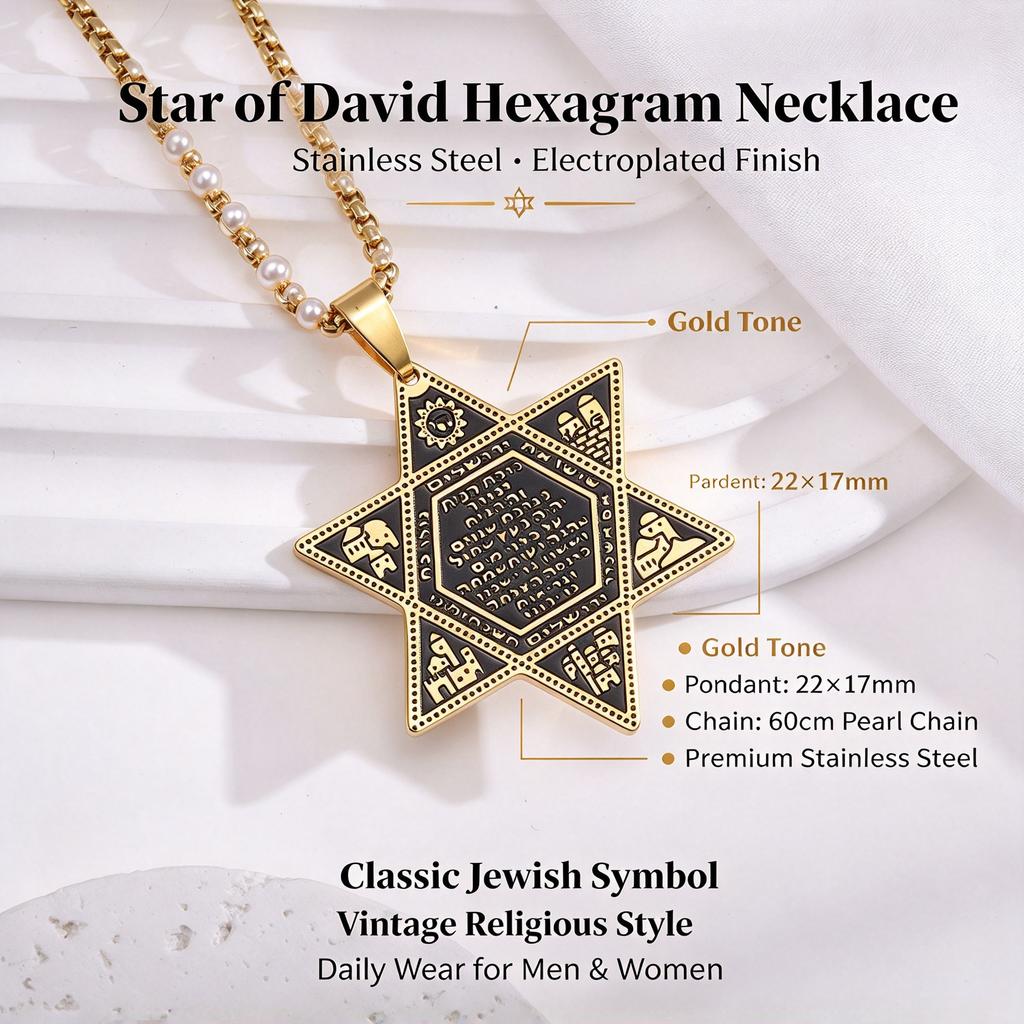 Gold Silver David Star Pendant Necklace, Stainless Steel Star of David Hexagram Jewish Jewelry
