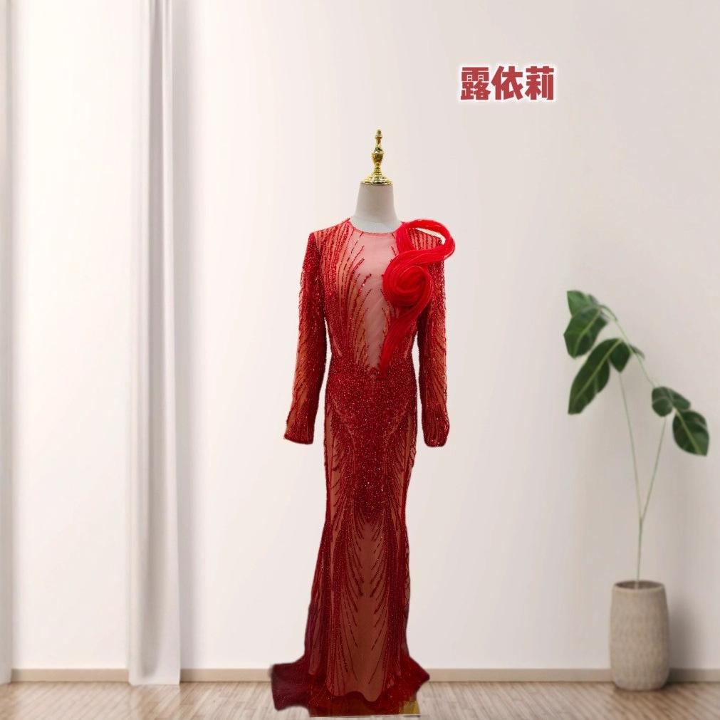 European and American sexy heavy industry embroidery beads long sleeves and ground dinner party dress dress