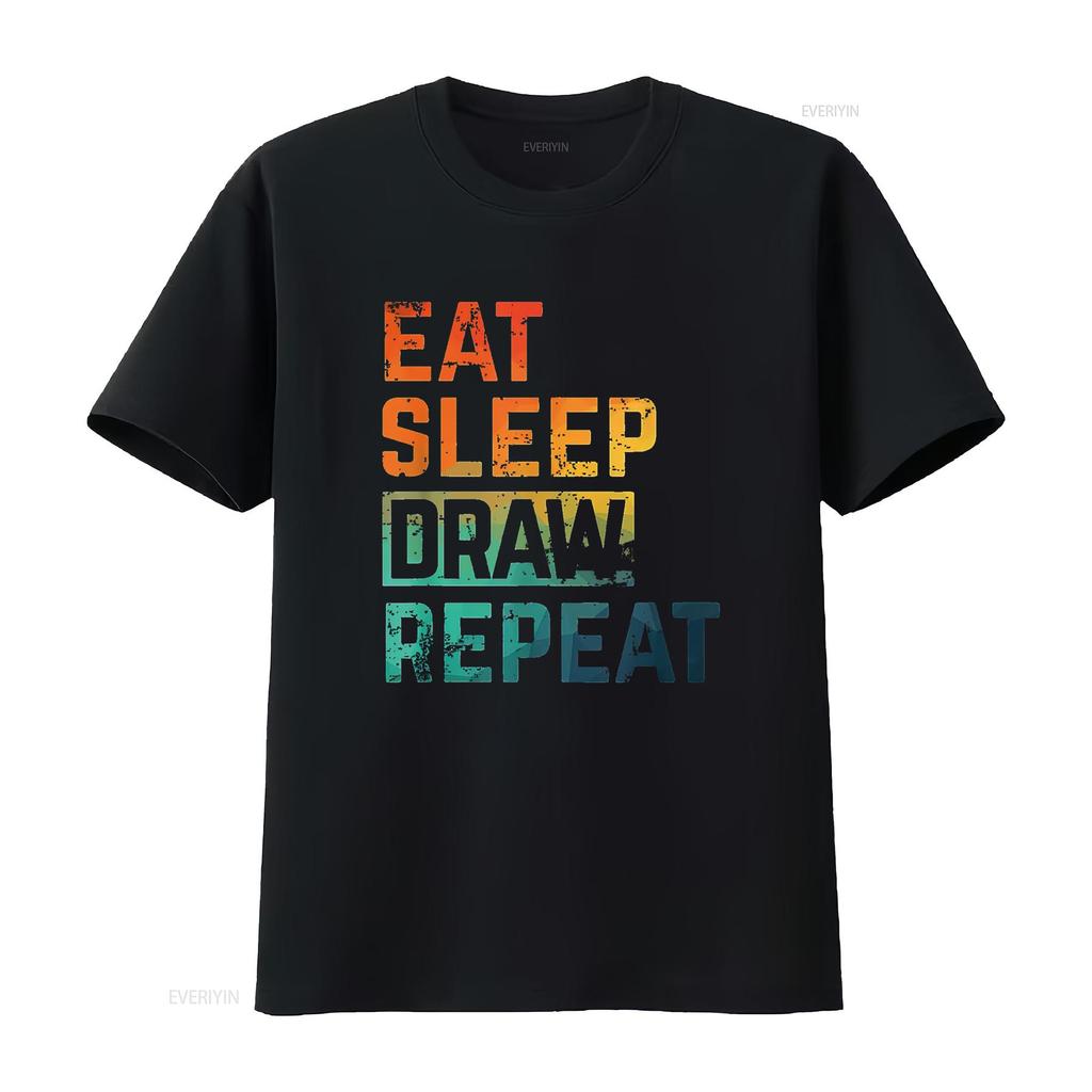 Digital Pencil Drawing Eat Sleep Repeat Watercolor Comfortable Summer T Shirt for Unisex with Fashionable Print Vintage Washed