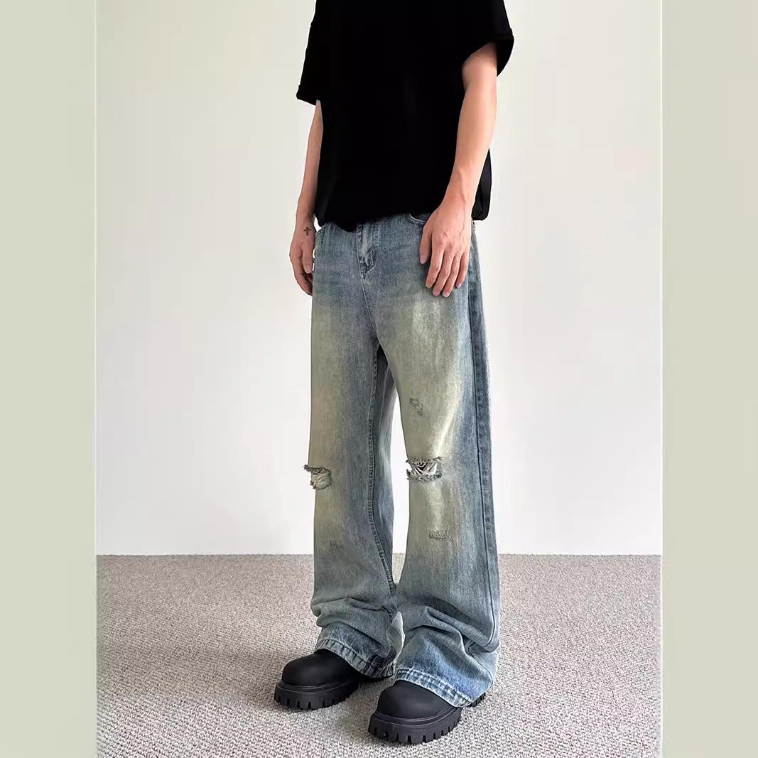 

Охристые мужские ретро джинсы микроклеш прямого кроя с рваностями XXL синий