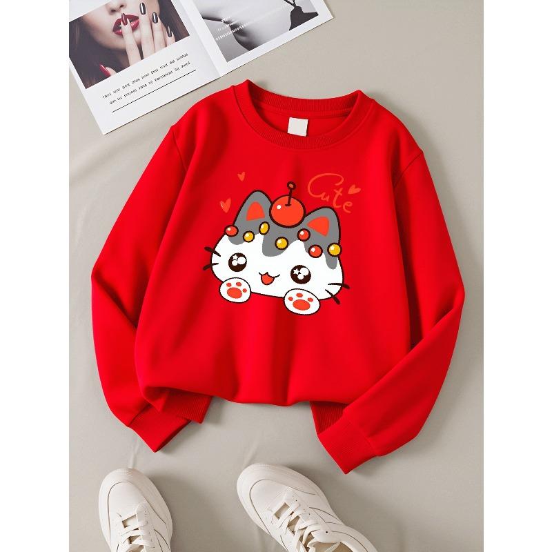 European sizes Girls' Soft Crewneck Sweatshirt Cute Cat with Cherry & Hearts Print, Casual All-Match, Ideal Holiday Present