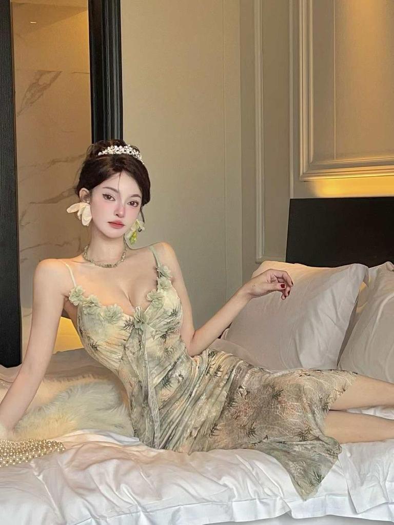 Mature Style Slimming Spaghetti Strap Mesh Print Fishtail Dress