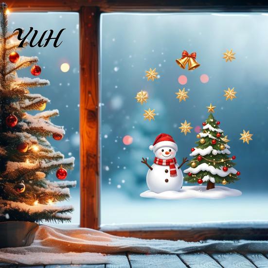 Creative Christmas Glass Clings Window Static Sticker, Snowman Tree Pattern PVC Decal, Waterproof Easy Peel Stickers Reusable Festive Wall for Living