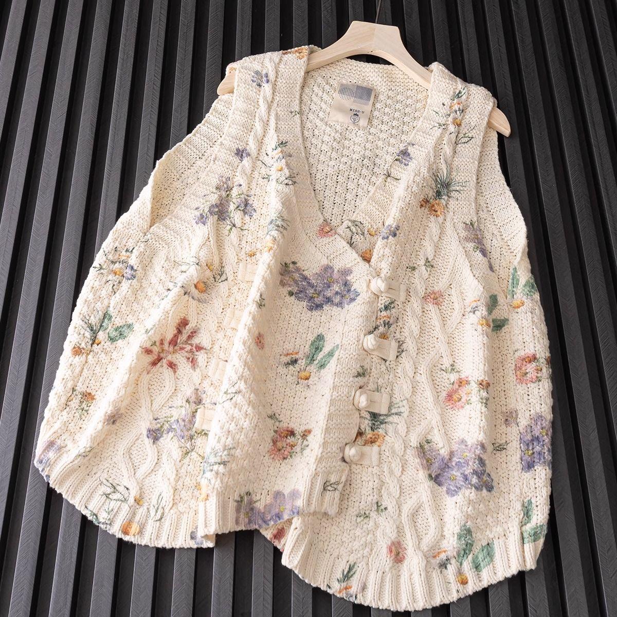 

Вязаный жилет с цветочным узором, винтажный, на пуговицах, осенний, без рукавов, жилет XL