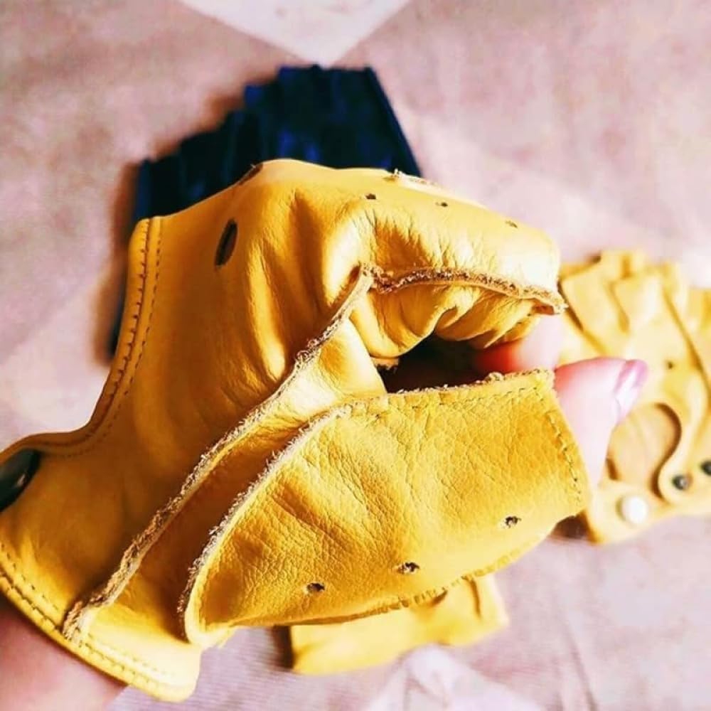Xiraivke Driving Gloves Half Finger Fingerless Leather Yellow Motorcycle Lock Driving Sports Outdoor Tactical Men Gentlemen Gifts