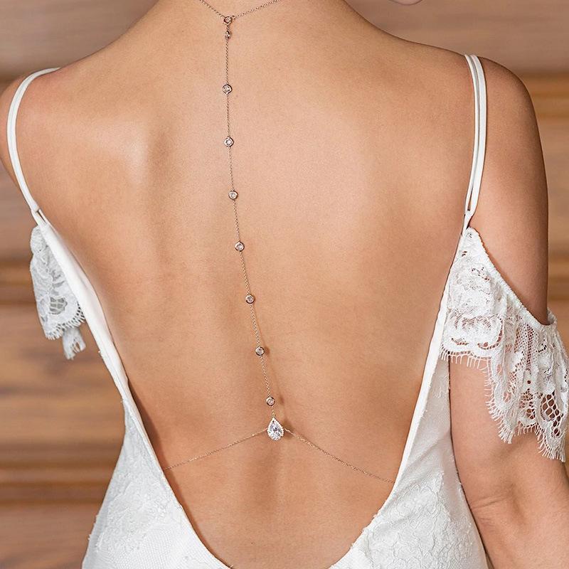 Zircon Water Drop Back Chain Long Necklace For Bridal Charm Wedding Accessories Sexy Chain Necklace Backless Dress Jewelry