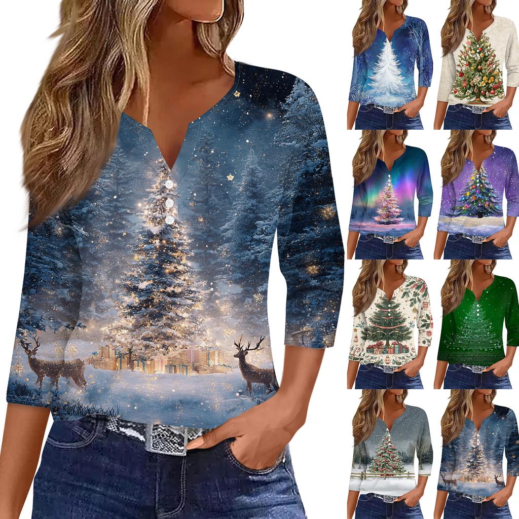 Women's Fashion Casual Christmas Print V-Neck Short Sleeve Decorative Button Three-quarter Sleeve T-shirt Top