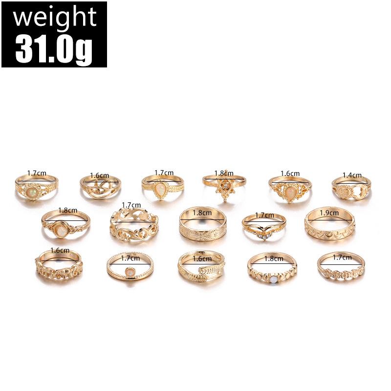 Fashion Opal Hollow Relief Elephant Moon Star Combination 16 Pieces Ring Women