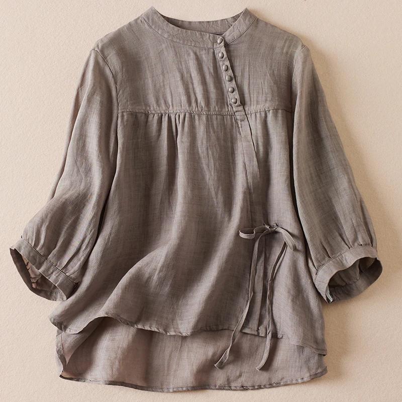 

Женская летняя свободная рубашка в стиле кэжуал в литературном стиле, однотонный дизайн, пуловер, топ XS серый