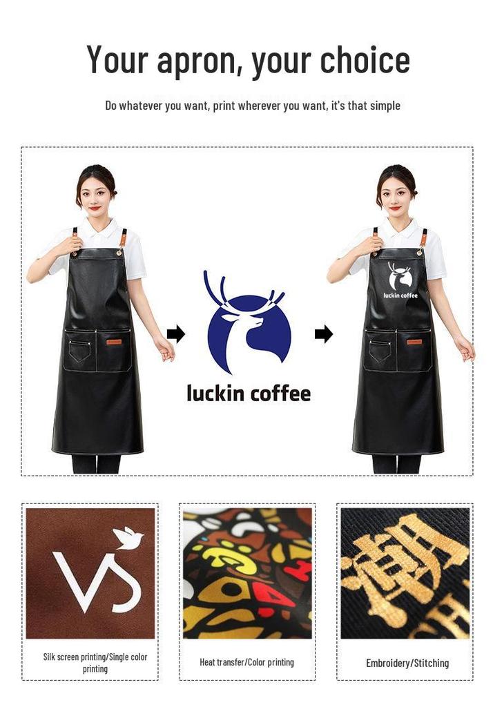 Custom Waterproof Leather Apron with Logo for Kitchen, Catering, Seafood, Fish Cutting - Oil-Proof Waist Apron