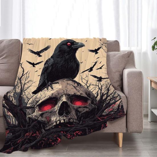 Gothic Flannel Blanket Creepy Red Eye Skull Crow Throw Blanket Washable Cozy Blanket for Men Women Boys Girls Sofa Couch Bed Use