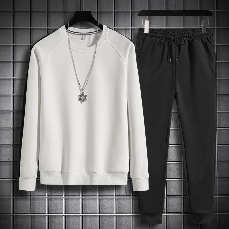 Men's Korean Version Trendy Round Neck Long-sleeved Sweater and Trousers Two-piece Set Loose Solid Color Fashionable Handsome Men's Clothing