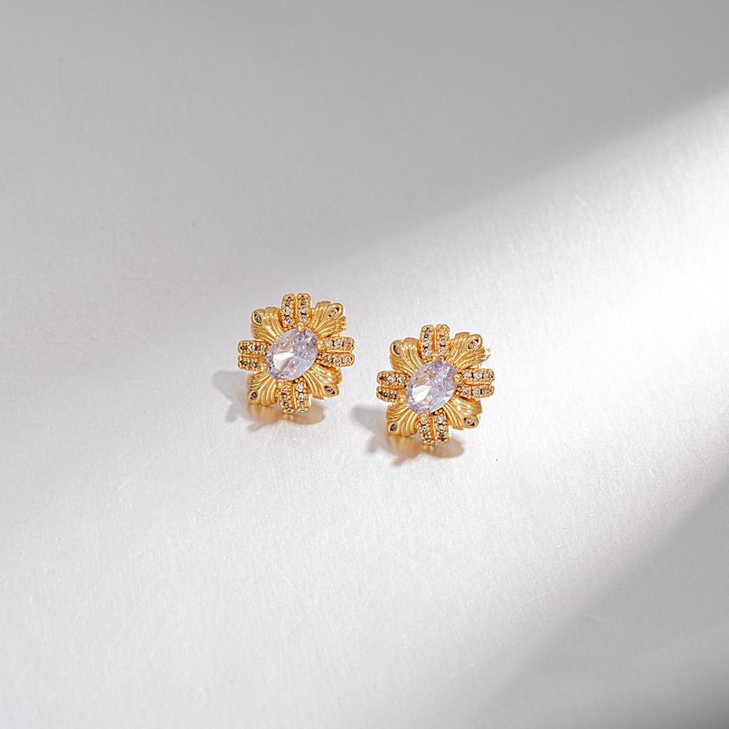 18K Gold-Plated Silver Zircon Oval Stud Earrings - European & American Luxury Vintage Style