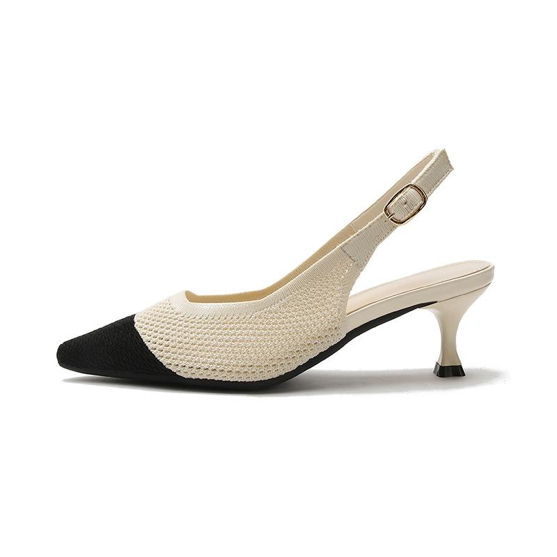 Spring and summer new knitted single shoes women's middle heel pointed breathable woven thin heel back air flying shoes