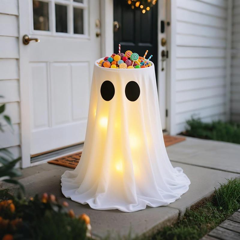 Halloween Ghost Candy Bowl With LED Light Fabric Ghost Figurine Treat Holder Holiday Party Tabletop Yard Decoration For Halloween Home Decor