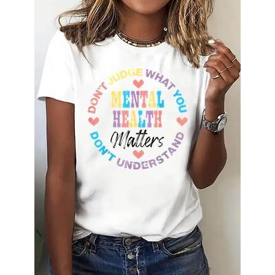 European Sizes Women's Casual Short Sleeve T-Shirt with Colorful Heart & Geometric Print, "Don't Judge What You Don't Understand" Slogan, Round Neck
