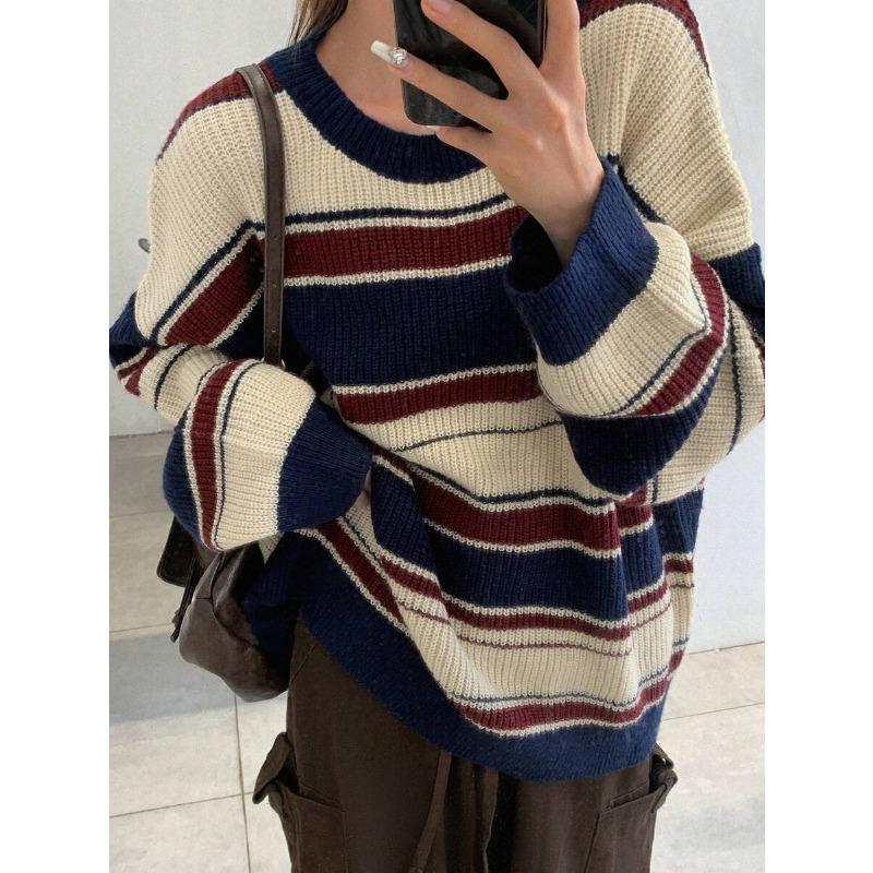 Women S High Street Striped Pullover Sweater Loose Fit Round Neck Knitwear