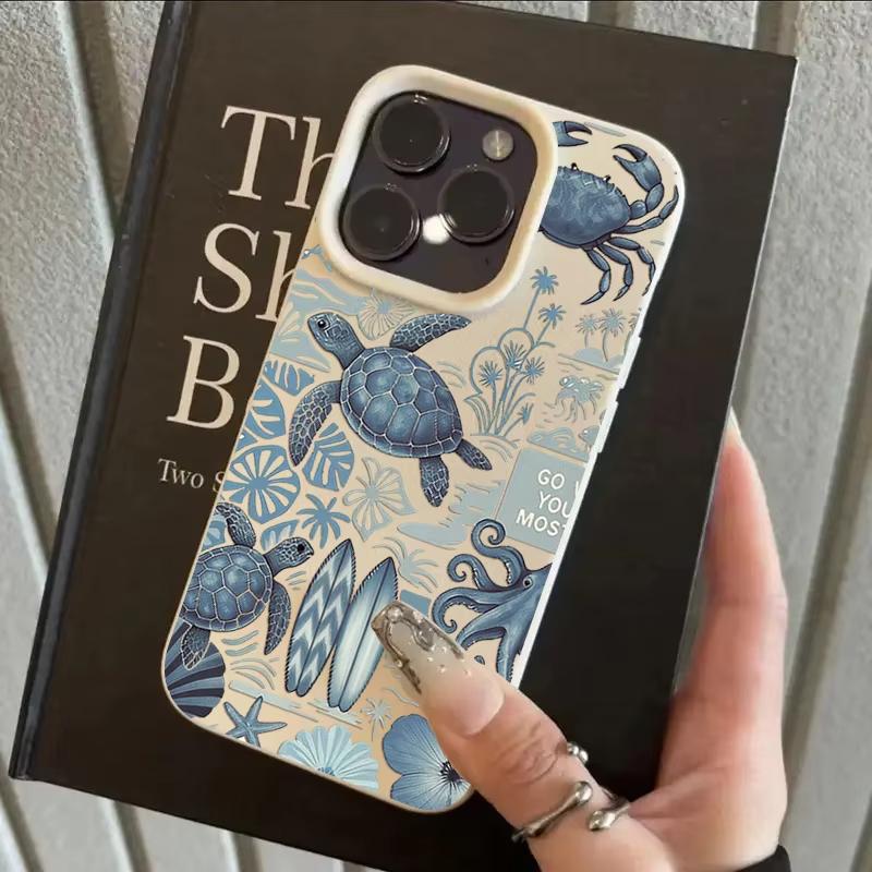 

Blue Sea Turtle Crab Design Phone Case For iPhone 17 Pro Max 16 Plus 15 Pro 14 13 12 11 XR 17Air Lychee Textur Soft Cover iPhone XS Max белый