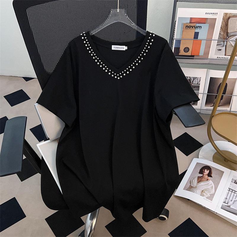 Women s Plus Size V-Neck Short-Sleeve Loose Mid-Length T-Shirt 4XL чёрный