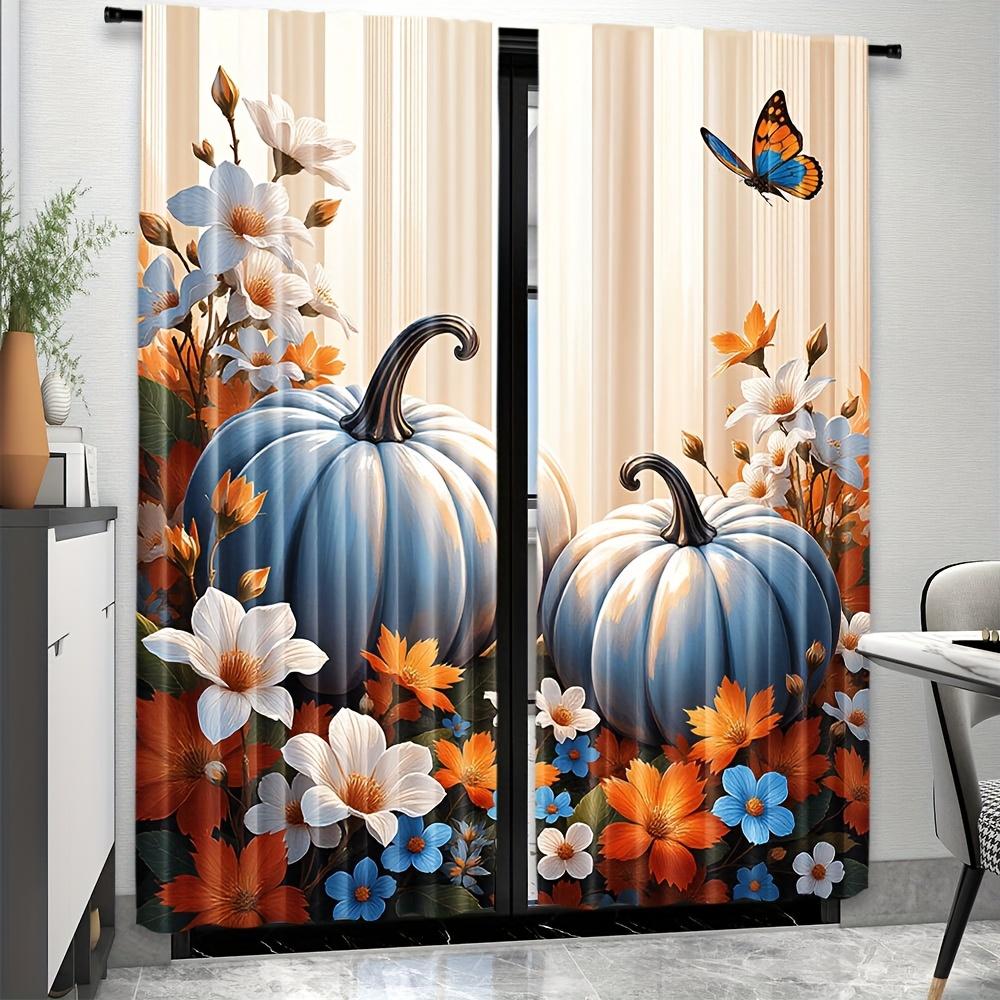 2PCS Thanksgiving Fall Curtains, Blue Pumpkin Floral Butterfly, Digital Print, Bedroom Living Room, Office, Rod Pocket