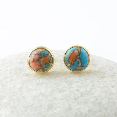 Oyster Copper Turquoise Round Gemstone Handmade Stud Earring, Gift For Her, Yellow Gold Plated, Mom Gifts, 925 Sterling Silver