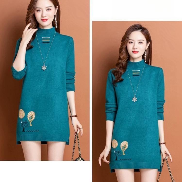 Half Turtleneck Sweater Dress Women's Solid Color Casual Mid-length Knitted Sweater Autumn and Winter Top Loose and Trendy Pullover
