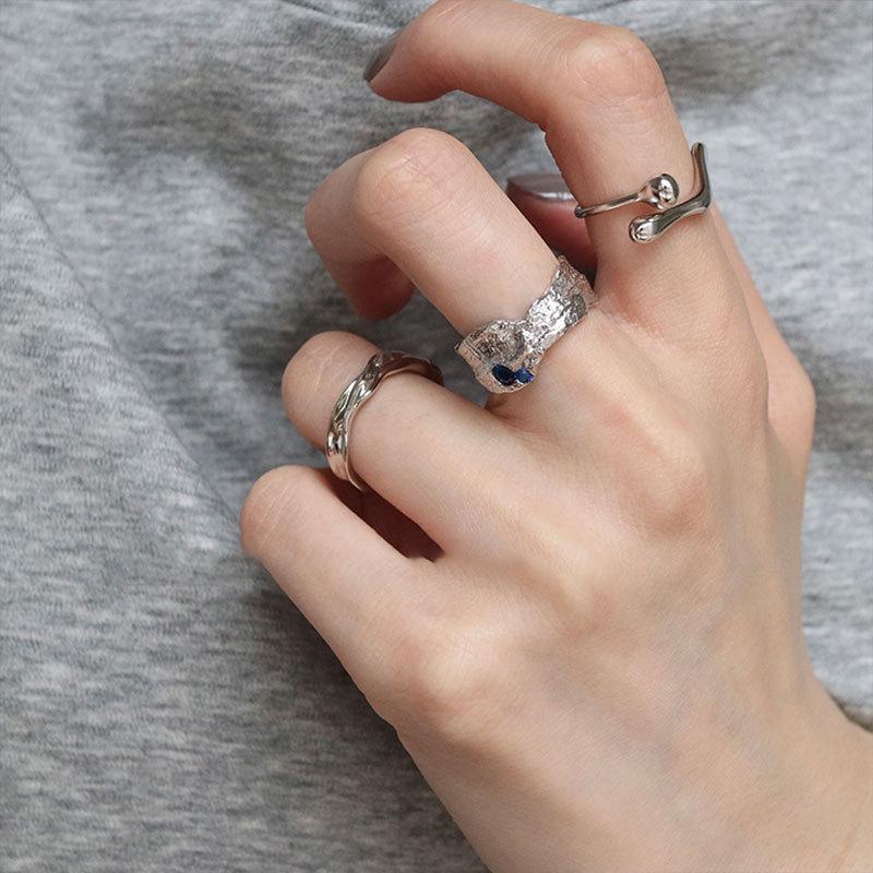 Cold Minimalist Stylish S925 Silver Ring With Unique Blue Sapphire Elements And Adjustable Size