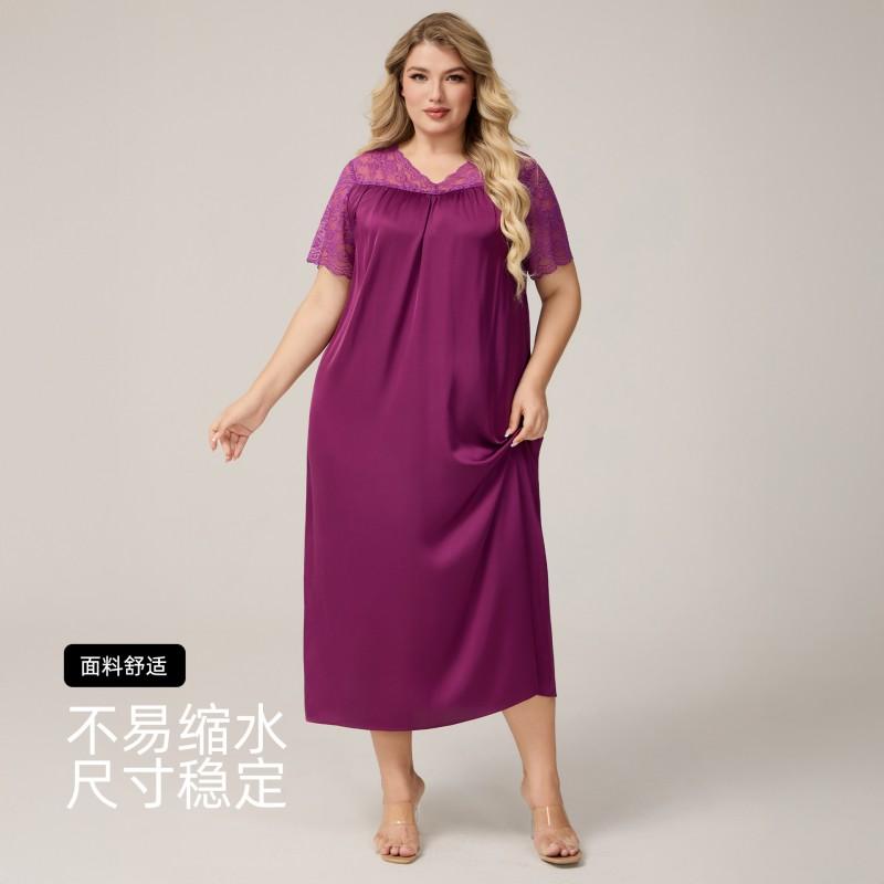 Plus Size Womens Lightweight Satin Sleep Dress V-Neck Short Sleeve Loose Nightgown Fall Home Lounge