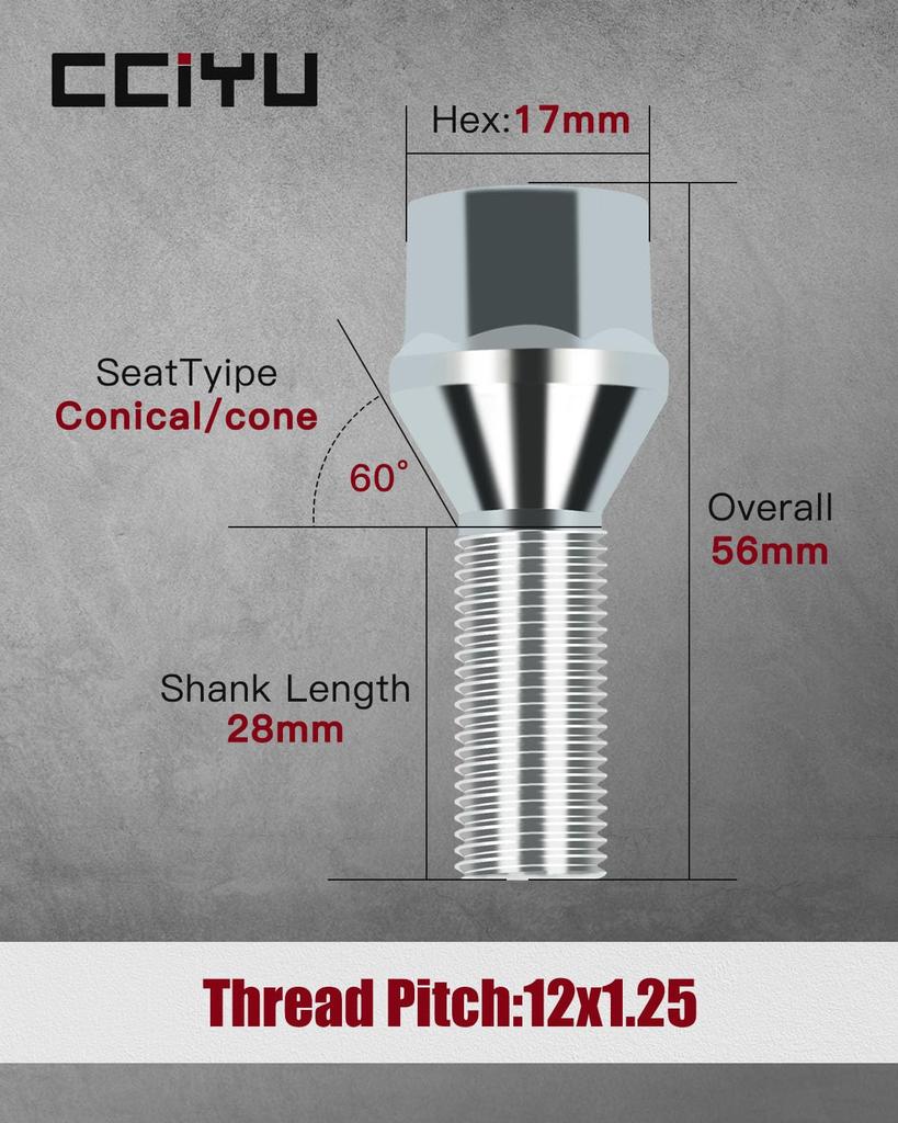 cciyu 20pcs 12x1.25 Lug Bolts Silver Wheel Lug Shank 28mm for Jeep Renegade Fiat Jeep Compass Cherokee